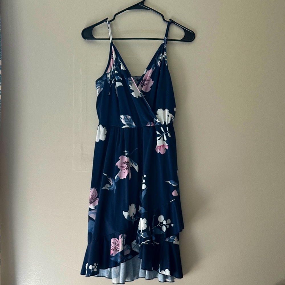 Navy blue floral dress.